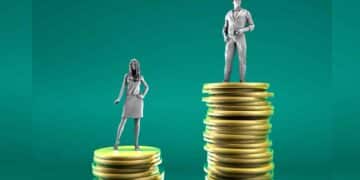 Ilustración de la brecha salarial en España 2025: mujer sobre una pila de monedas más baja y hombre sobre otra más alta, reflejando precariedad y desigualdad de género en el empleo