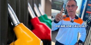 Trabajador de gasolinera señala un surtidor y recomienda carburantes premium (diésel E-Plus 10 y gasolina 98) para proteger el motor