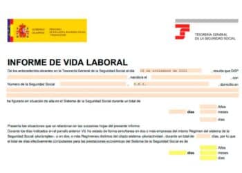 Informe de vida laboral de la Seguridad Social con total de días cotizados, ejemplo para calcular la jubilación
